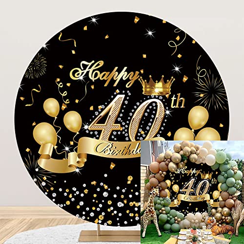 Toile de fond ronde Happy 40th Birthday Leyiyi 2x2m noire et dorée