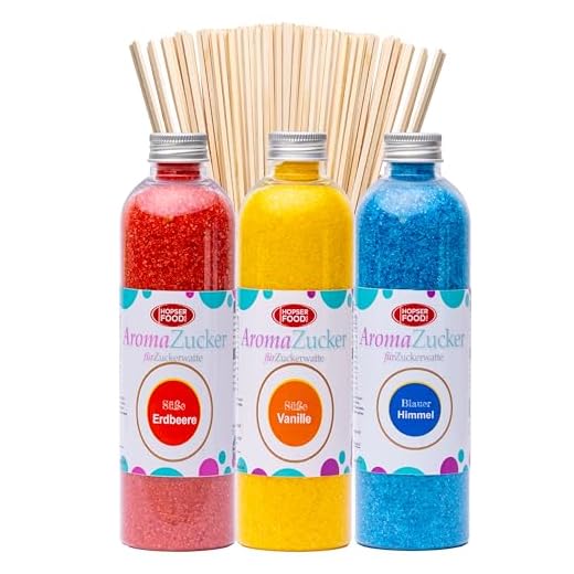 Hopser Food Fun - Azúcar para algodón de azúcar, 3 x 230 gramos para máquina de algodón de azúcar, incluye 50 bastoncillos de algodón de azúcar (1 fresa, vainilla, chicle + 50 varillas)
