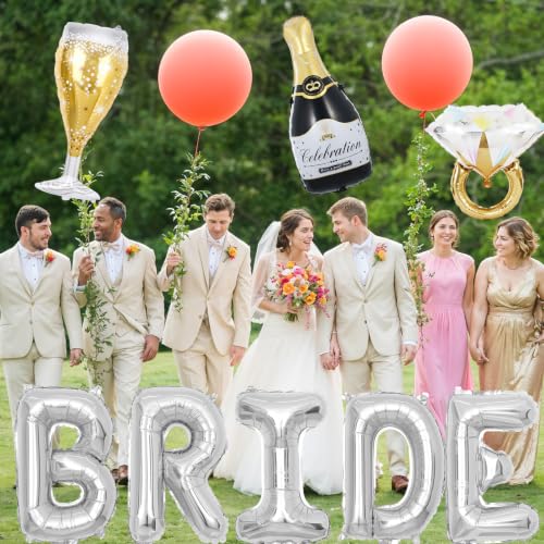 Image of 40inch Bride Balloons Silver Letters Banner, Bachelorette Party Decorations Set with Diamond Ring Champagne Bottle Balloon Glass Foil Balloon for Silver Bachelorette Engagement Wedding Bridal Shower
