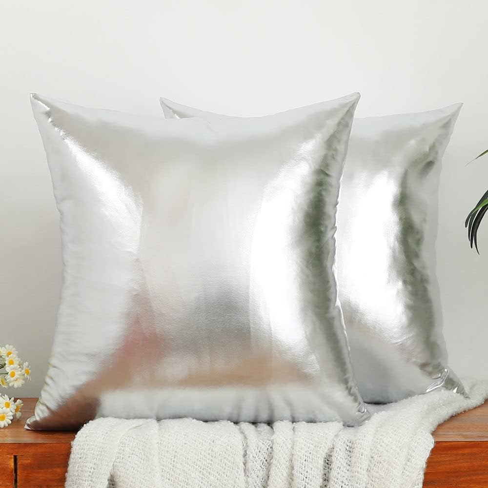 Pack of 2 Silver Throw Pillow Covers Decorative Modern Metallic Shiny Cushion Cover, Faux Leather Soft Square Pillowcase for Sofa/Bed/Party, 20 x 20 Inch