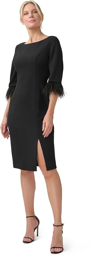 Adrianna Papell 3/4 Sleeve Stretch Crepe Sheath Dress with Feather Trim