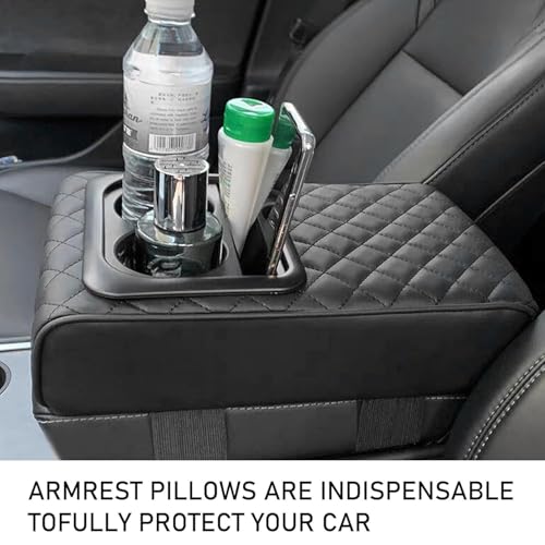 Image of Car Center Console Armrest Cushion with Drink Holder and Phone Holder, Memory Foam, Waterproof Leather, Diamond Pattern, Universal Fit, 35.56cm x 21.08cm