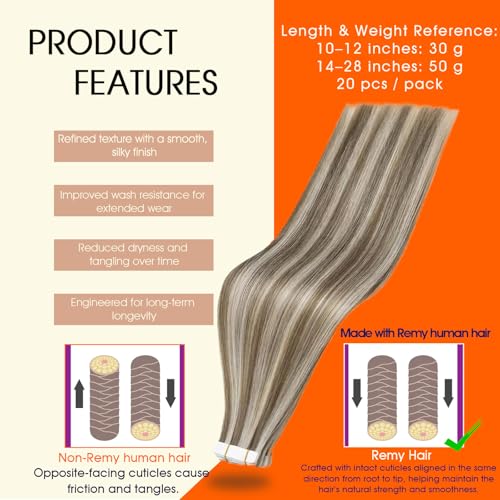 Image of Full Shine Highlights Tape in Extensions 12Inch Seamless Tape in Hair Extensions Color 8 Light Brown Highlighted 60 Platinum Blonde Invisible Extension 30Gram 20Pcs Remy Straight Skin Weft for Wedding