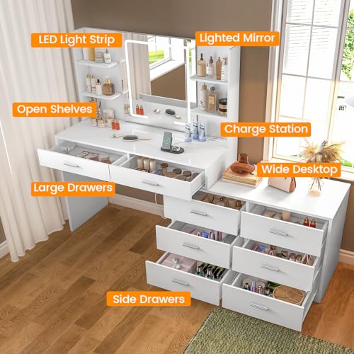 FIONESO Vanity Makeup Desk with LED Light Mirror & Power Outlet, 8 Drawers, 6 Storage Shelves, 3 Color Modes & Adjustable Brightness Dressing Table, Corner Vanity, L Shape Change, 39.4”Desk, White