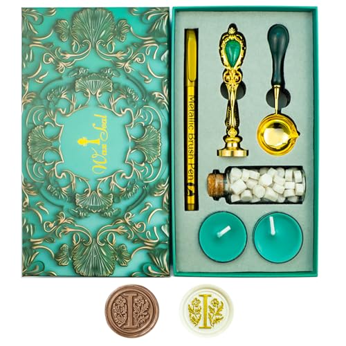 Timbro per Sigilli di Cera Ioggtser - Set Alfabeto con Impugnatura in Ferro, 60 Perle di Cera, Cucchiaio, 2 Candele, Penna