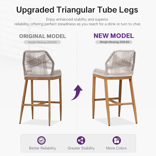 Image of PURPLE LEAF Bar Stools Set of 2 Outdoor Bar Height Metal Stools Modern Wicker Rattan Barstools with Back Aluminum Outside Garden Patio Bar Chairs, Teak