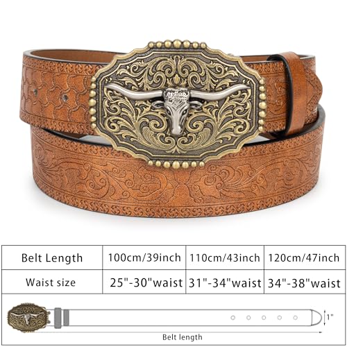 Mens Western Cowboy Belt Vintage PU Leather Belt With Longhorn Cow Pattern Buckle2