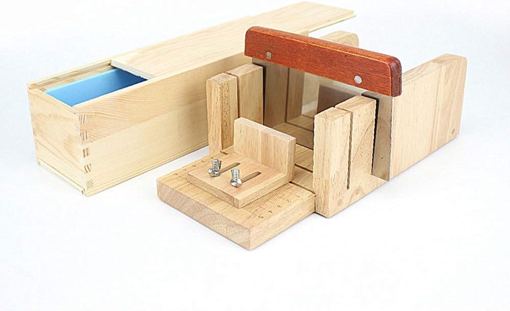 MKNZONE Practical Adjustable Handmade Wood Soap Cutter Box Wire Cutter Slicer With Soap Beveler Planer Set + 1Pcs Rose Silicone Soap Loaf Mold with Wood Box + 1PC Straight Soap Cutter Soap Making Tool