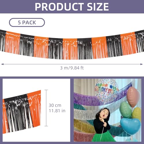 Image of 5 Pack 10 Feet Black Orange Foil Fringe Garland Tinsel Parade Float Fringe for Trailer Car Birthday Party Decoration Hanging Backdrop Banner Table Skirts