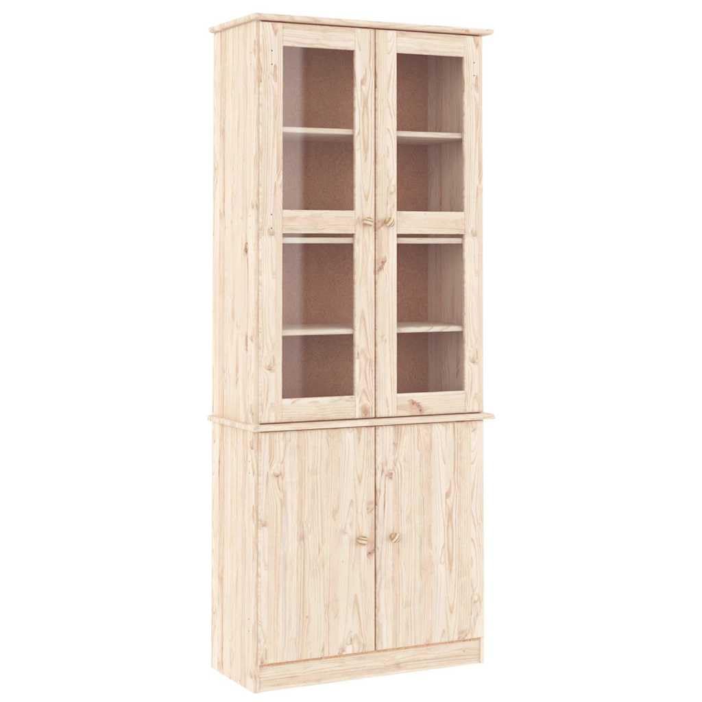Vetrina in Legno Massello di Pino Ante Vetro 77x35x186,5 cm | Mobile espositivo con ripiani per soggiorno e studio. Struttura personalizzabile in pino naturale con pomelli in legno.