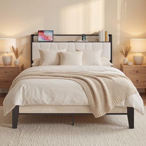 LIKIMIO Full Bed Frames, Bouclé Storage Headboard with Charging Station, Solid and Stable, Noise Free, No Box Spring Needed, Easy Assembly