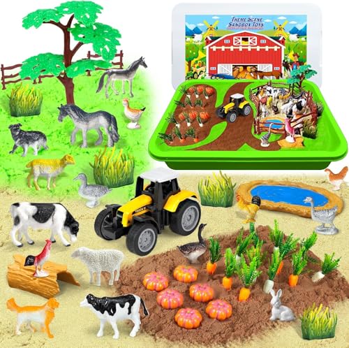 YongnKids Play Sand Farm Animal Toys, Sensory Toys Play Sand Art Kit with Farm Toy Figures and Tractor Truck Playset, Indoor Outdoor Sensory Bins Birthday for Boys Girls 3 4 5 6 7 8 Years Old
