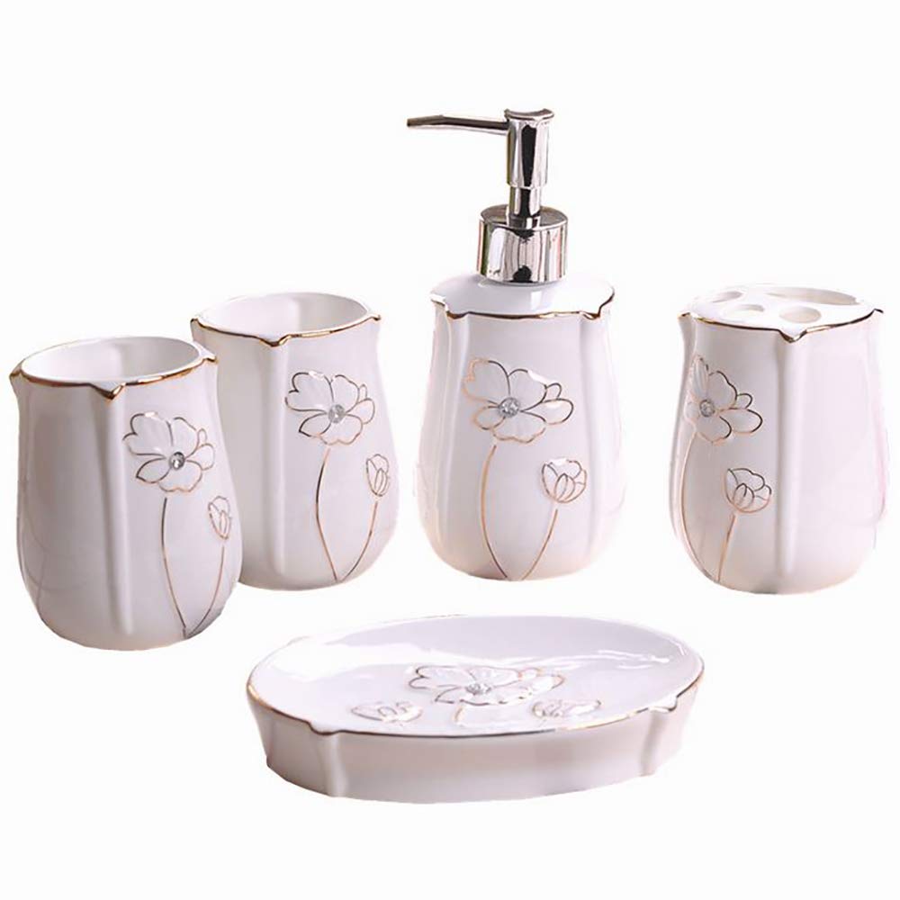 Ensemble Salle De Bain 5 Pièces Style Marbre - Distributeur, Porte-Savon, Gobelets