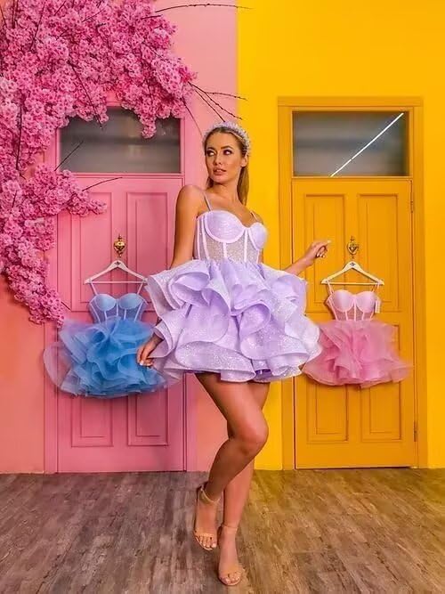 Glitter Tulle Short Prom Dresses Spaghetti Straps Satin Tiered Homecoming Dresses for Teens Corset Formal Cocktail Gown4