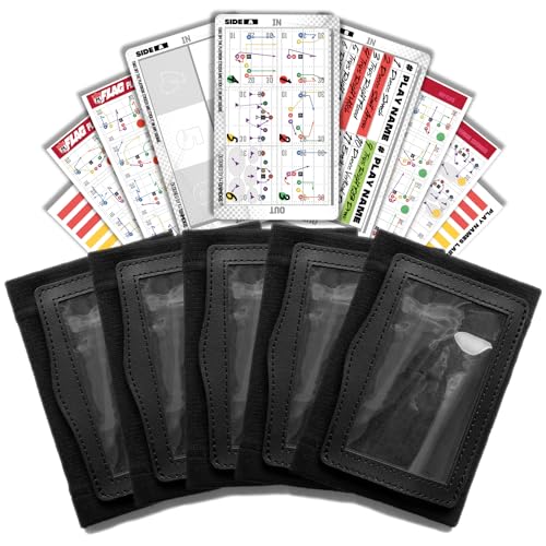 1NMORE 5v5, 7v7 Football Wristbands with Playbook System, Quarterback Wrist Coach for Youth, Flag Football Wrist Bands with Plays Stickers & PVC Cards (Black-5Pcs, 7 on 7)