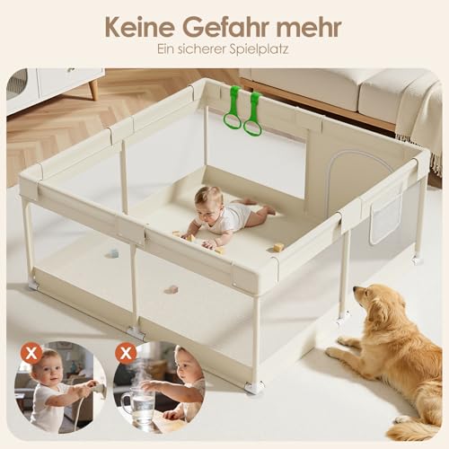 Fodoss Beige Laufstall Baby Klein – 120x120 Laufstall für und Kleinkinder, Laufgitter Baby mit atmungsaktivem Mesh, Laufgitter & -ställe für Wohnungen