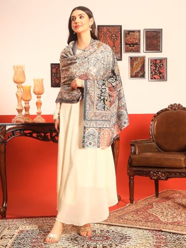 Image of Pashmoda Women Guldasta Fine Wool Fabric Pashmina Kalamkari Embroidered Shawl (Size: 40x80in, 101x203cm)