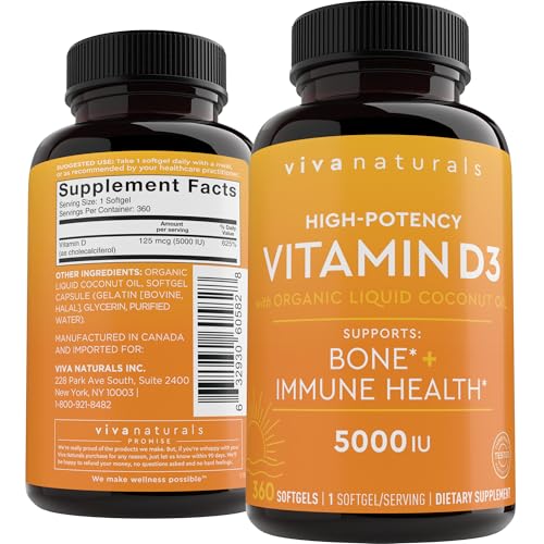 Viva Naturals Vitamin D3 5000 IU Softgels, 360 Count (125 mcg), Supports Bone & Immune Health, High Potency Vitamin D