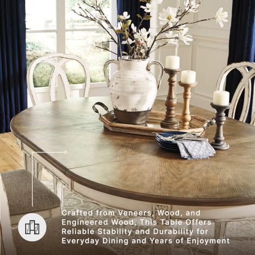 Image of Signature Design by Ashley Realyn Oval Dining Room Extension Table, Seats 6, Antiqued 2-tone Finish, Wood, Distressed White
