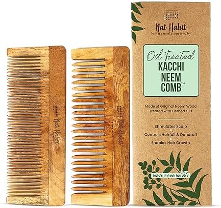 Nat Habit Kacchi Neem Comb Fine Tooth Styling & Wide Tooth Shampoo Combo (Pack of 2), Soaked In 17 Herbs, Neem & Sesame Oil, For Post Shampoo Detangling & Daily Styling, Suited For Short & Long Hair (Large Size)