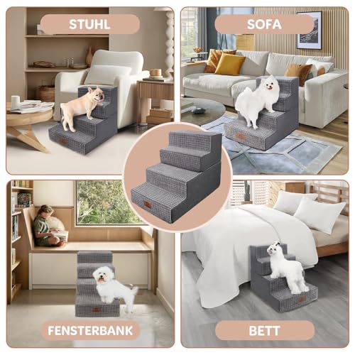 Sytopia Hundetreppe Große Hunde 4 Stufen Hoch, Hundetreppe für Bett Sofa 50cm, Haustiertreppe waschbar, hochdichter Schaumstoff, für verletzte ältere Hunde (46cm Höhe, Grau)