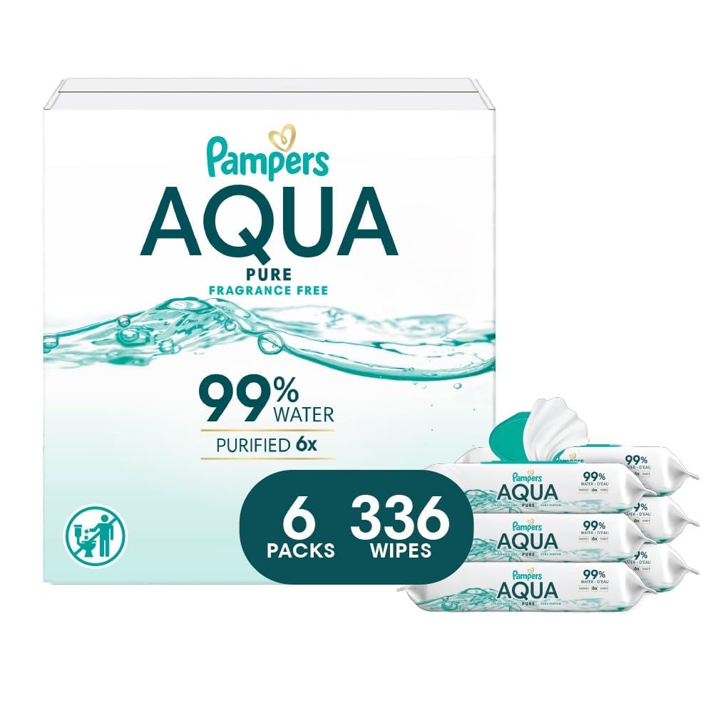 Aqua Pure Baby Wipes, 99% Water, Fragrance Free, 336 Baby Wipes Total (6X Flip-Top Packs) [Packaging May Vary]