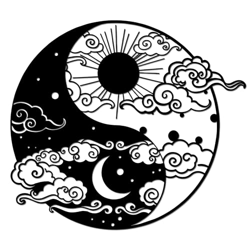 Slickss Yin Yang Decor Metal Wall Art, Sun and Moon Wall Decor with Cosmic Design, Balance Themed Gift for Yoga & Meditation Room, Boho Home Decor(13.9" x 12.3")