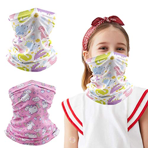 Kids Neck Gaiter Balaclava, Face Cover Bandana, Mask Toddler Half Face Protective Reusable Infinity Scarf, Headwear for Softball. Gifts for Girls. Pink Unicorn/White Dinosaur, Large