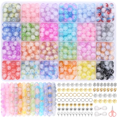 DIYDEC 900 Stück 8mm Bunte Glasperlen für Armbänder, 24 Farben Glasperlen zum Basteln runde Bunte Edelsteine Perlen Schmucksteine mit Loch für die Herstellung von Schmuck Armbänder DIY Handwerk