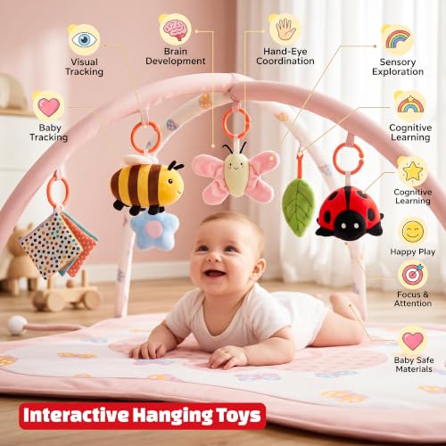 Image of Baybee 2 in 1 Premium Baby Play Gym & Activity Mat for Babies with Extra | Soft Cushion | Portable Playing mat for Kids with Sensory Toys | BPA Free Play Mat for New Born Baby up to 36 Months (Pink)