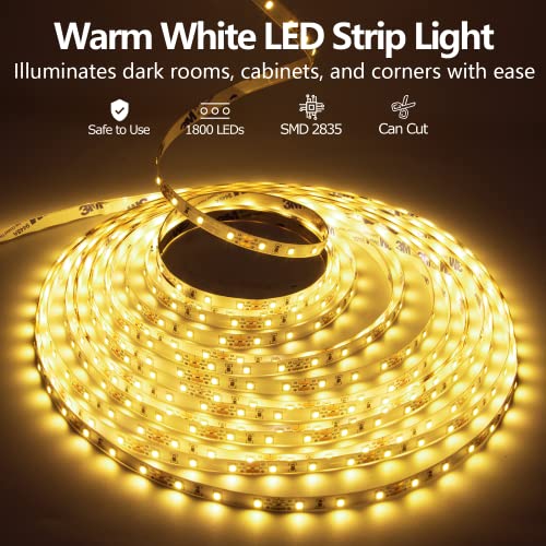 Image of LED Strip Lights 100ft Dimmable 3000K Bright Warm White Strip Lighting, 30M 1800 LEDs 2835 Flexible Ribbon Light 12V LEDs Tape LED Lights for Bedroom Kitchen Home Decoration