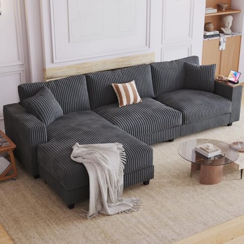 Image of 114.5 inch Corduroy Couch Sectional with Reversible Chaise with 2 Pillows Oversized Couch L Shaped Sofa with Two Armrests Hidden Storage Space Sectional Couches for Living Room Grey