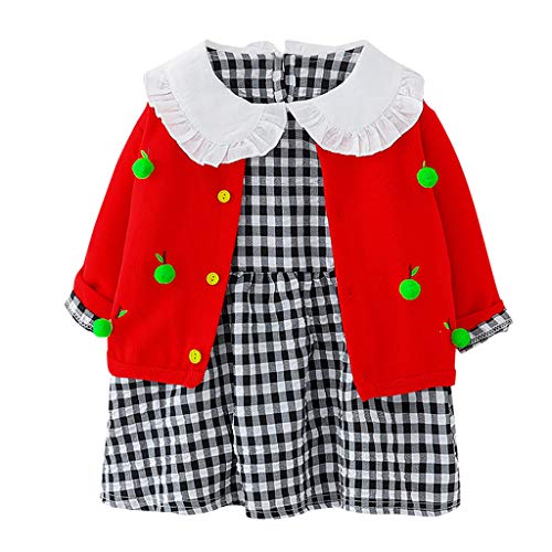 SSMENG Toddler Baby Girls Dress Cardigan Set Long Sleeve Plaid Dress Coat 2Pcs Girl Clothes Set Outfit(Red,4-5 Years)