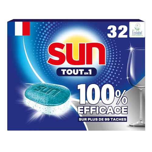 Sun - Tablettes Lave-Vaisselle Tout-en-1 Regular - Éliminent + de 99 Taches du Quotidien sans Prérinçage - 80% d'Ingrédients d'Origine Naturelle -...