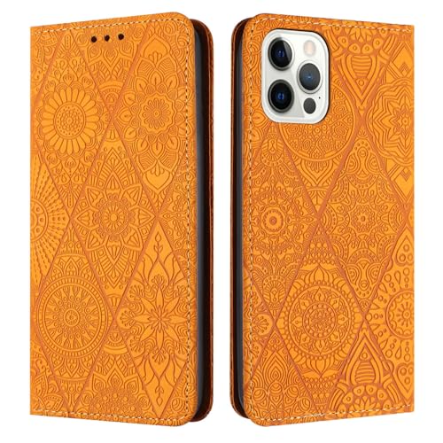 Étui en cuir fleurs pour iPhone 17 jaune aux finitions unies