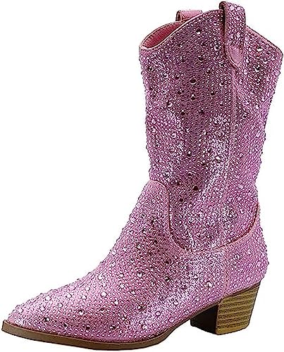 Forever Girls/Kids Rhinestone Western Cowgirl Cowboy Pointed Toe Low Heel Boots Pink 1
