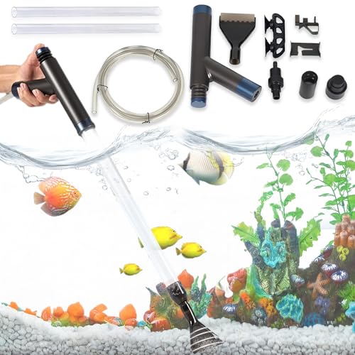 aichilra Nettoyeur de Gravier Aquarium 5 en 1, Kit de Nettoyage et de Changement d'Eau avec Siphon Manuel, Grattoir à Verre, Panier Filtre - Aspirateur Aquarium Nettoyage pour Sable et Gravier