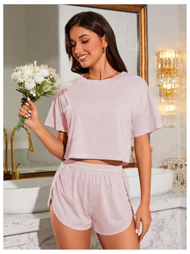 Image of OYOANGLE 2 Pack Pajama for Woman Set Summer Cute PJ Sets Striped Short Sleeve Tshirt and Split Shorts Lounge Set