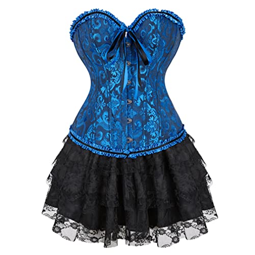 Grebrafan Women Corset Skirt Vintage Palace Jacquard Bustier Corsets Set (US(2-4) XS, Black Blue)