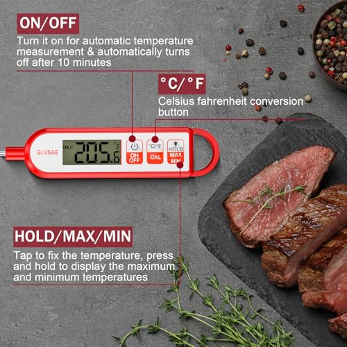 GLVSAE Instant Read Meat Thermometer – 1-2 Sec Response, IPX6 Waterproof with 5.1" Probe & Backlit LCD for BBQ, Candy, Deep Fry, Baking – Digital Food Grill Gauge (°F/°C)
