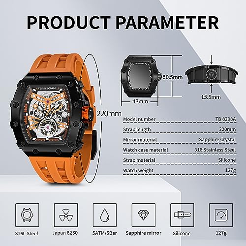 Image of TSAR BOMBA Mens Luxury Watch Automatic Watches for Men 50M Waterproof Japanese Mechanical Movement Tonneau Stainless Steel Case Sapphire Glass Big Face Cool Unique Fashion Gift Men
