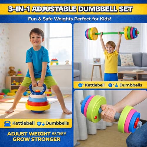 Kids Exercise Weight Set - 3-in-1 Adjustable Workout Toy Equipment for Children Pretend Play Exercise - Toddler Beginner Gym, Fitness, Weightlifting and Powerlifting (Dumbbell, Barbell, Kettlebell) - Image 3