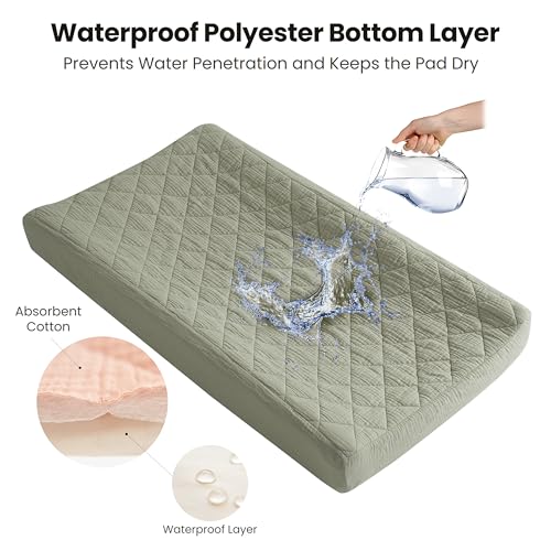 Image of Konssy Waterproof Muslin Changing Pad Cover 2 Pack, Quilted Cotton Fitted Diaper Chang Table Cover, Soft Changing Pad Sheets for Girls Boys (Fog Green,Cream)