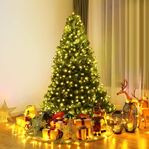 GOPLUS Sapin de Noël Artificiel Lumineux 180 CM, LED Lumière 4 Couleurs et Blanche Chaude, 11 Modes d’Éclairage, Feuilles en PVC, Support en Fer, Vert