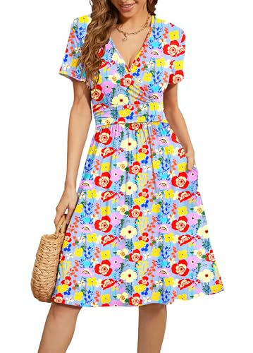Image of WEACZZY Women's Summer Short Sleeve Casual Dresses V-Neck Floral Party Dress with Pockets
