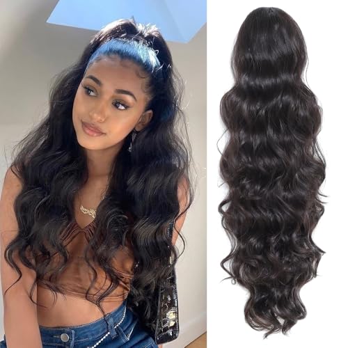 KETHBE Ponytail Extension 24 inch Drawstring Ponytail Hair Extensions Long Body Wave Synthetic Pony Tails Hair Pieces for Daily Use (Natural Black)