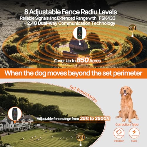 Wireless Dog Fence System: Electric Fence for Dogs 4-in-1 Dog Training Collar with Remote, Bark Control, Status Monitor Waterproof Electric Fence for Medium Large Dogs Outdoor Use - Image 3