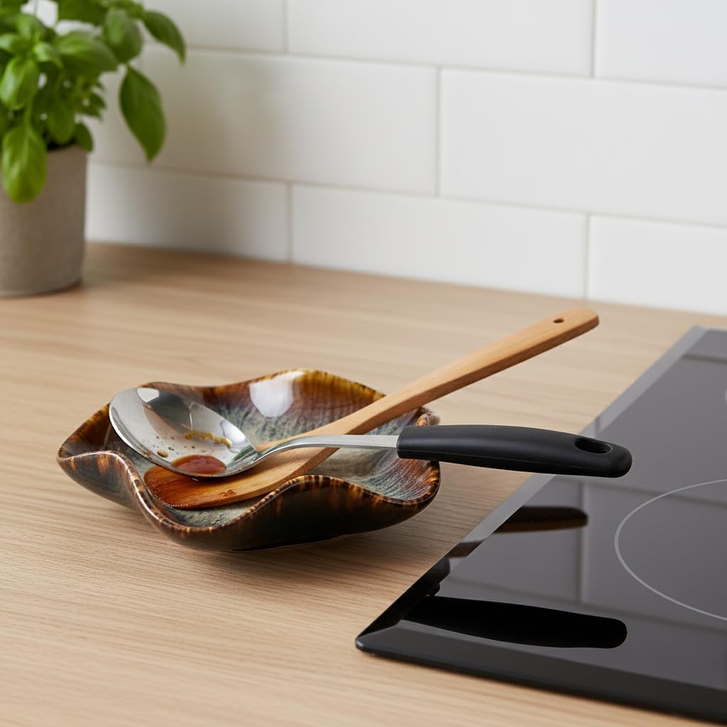Ceramic Spoon Rest for Stove Top, 5.3 Inch Heat Resistant Spoon Holder for Kitchen Counter, Utensil Rest for Spoons, Ladles & Tongs, Coffee Spoon Holder, Housewarming Gift (1, Halo Cream)