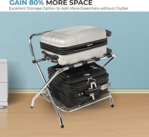 Ustech 2 Tier X-Shape Folding Luggage Rack With High Back | Durable Metal Stand & Heavy-Duty Nylon Straps For Guest Room Storage & Suitcase Holder | Perfect For Bedroom & Closet #TOP6