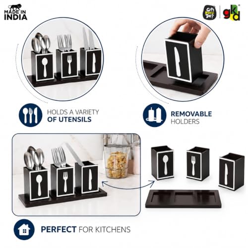 Image of GKD Wooden Spoon Holder for Kitchen Counter, 3 Section Cutlery Stand Organizer for Spoon Knife Fork, MDF Wood Utensil Holder with Base for Dining Table & Kitchen (Made in India) (Classic Cutlery)